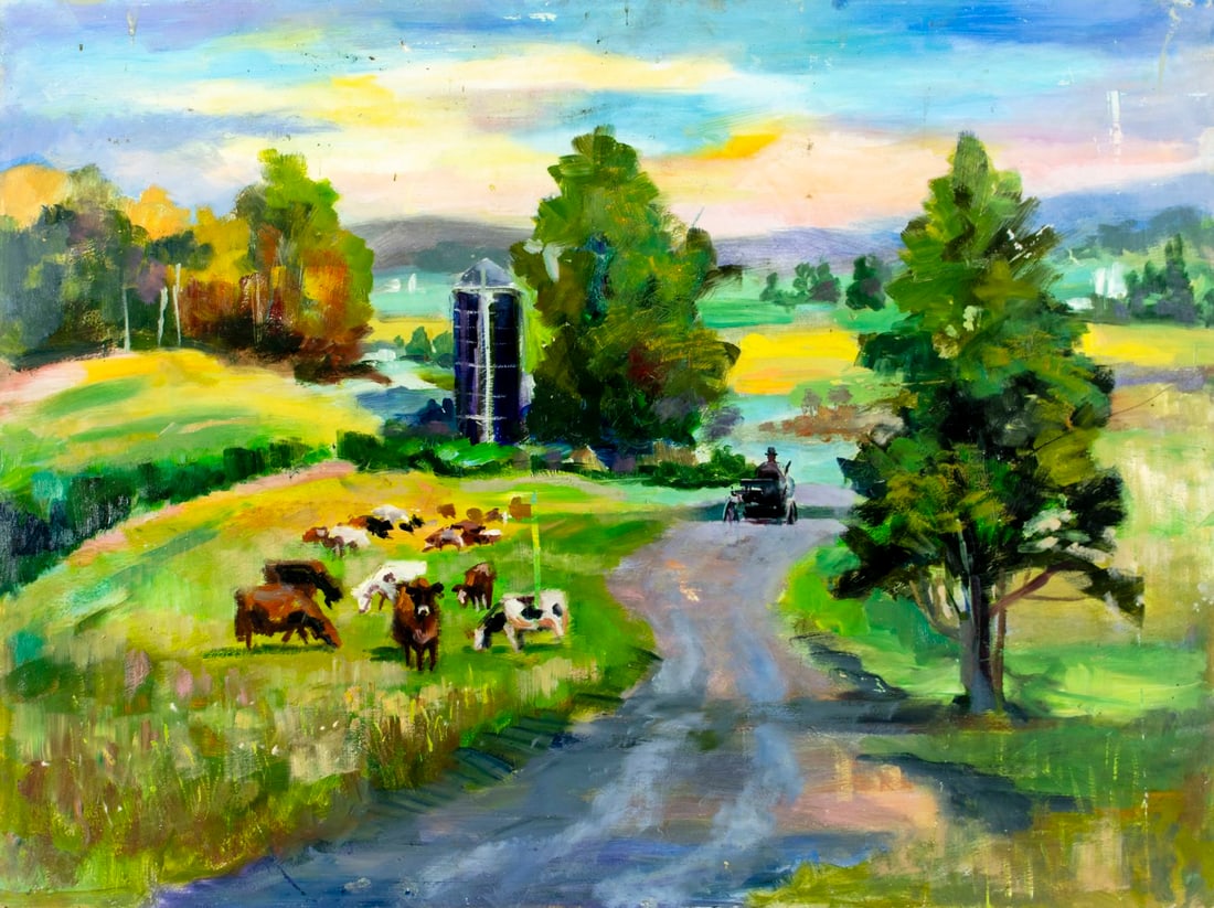 John Reilly (NY,NJ,1942-2021) oil painting: ARTIST: John Reilly (New York, New Jersey, 1942 - 2021) TITLE: Farm Landscape with Cows MEDIUM: oil on board CONDITION: Some damages to corners. Some scratches/paint losse