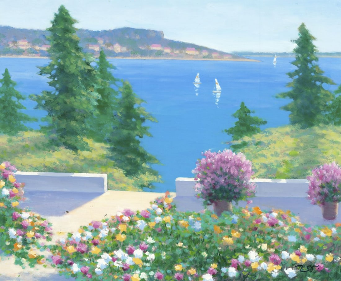 Zu Sheng Yu (NY,20C) oil painting: ARTIST: Zu Sheng Yu (New York, 20 century) TITLE: Coastal Landscape with Sailboats MEDIUM: oil on canvas CONDITION: Unstretched (In-House stretching available). Few small pa