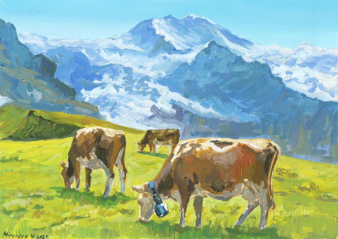 Valeria Mircheva (Ukraine,20/21C) oil painting: ARTIST: Valeria Mircheva (Ukrainian, 20/21 centuries) TITLE: Mountain Landscape with Cows MEDIUM: oil on heavy paper CONDITION: Very good. No visible inpaint under UV light.
