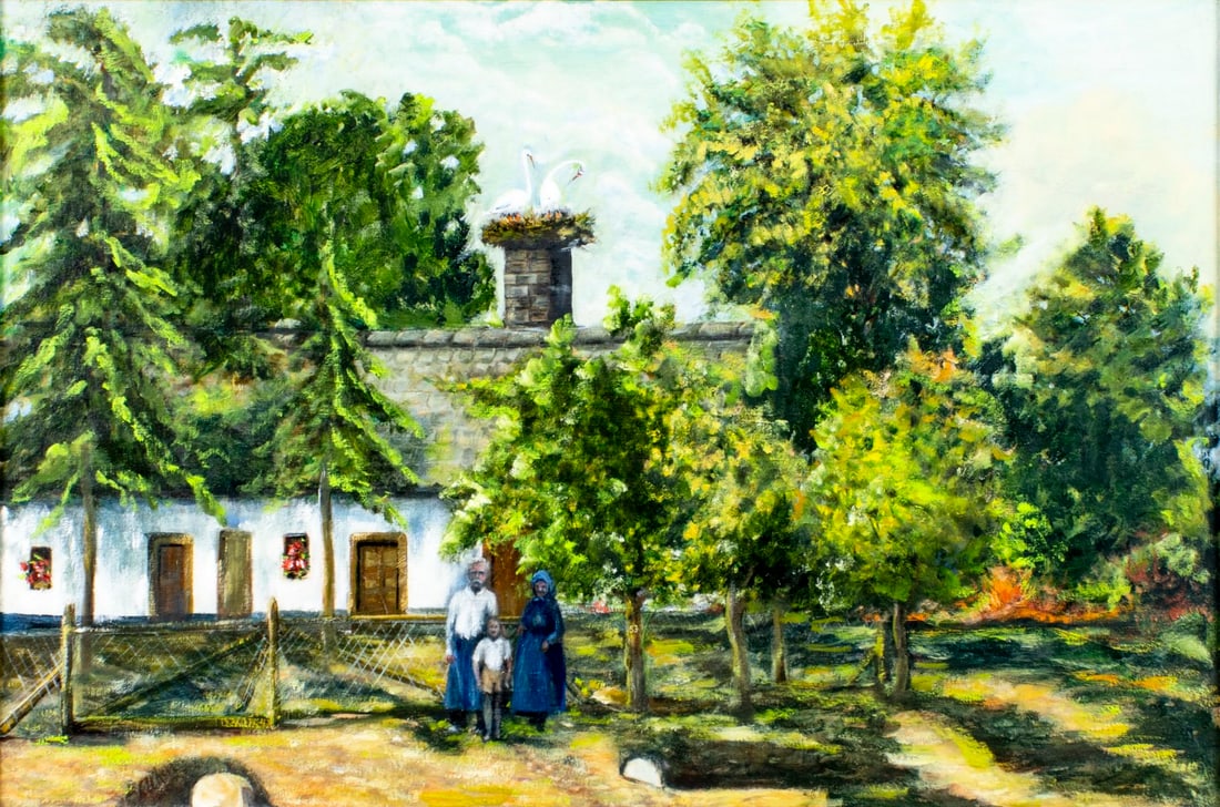 Vintage 20C European oil painting signed: ARTIST: - (Europe, 20 century) TITLE: Village Landscape with Family MEDIUM: oil on canvas CONDITION: Missing a few flakes of paint. Some craquelure. No visible inpaint und