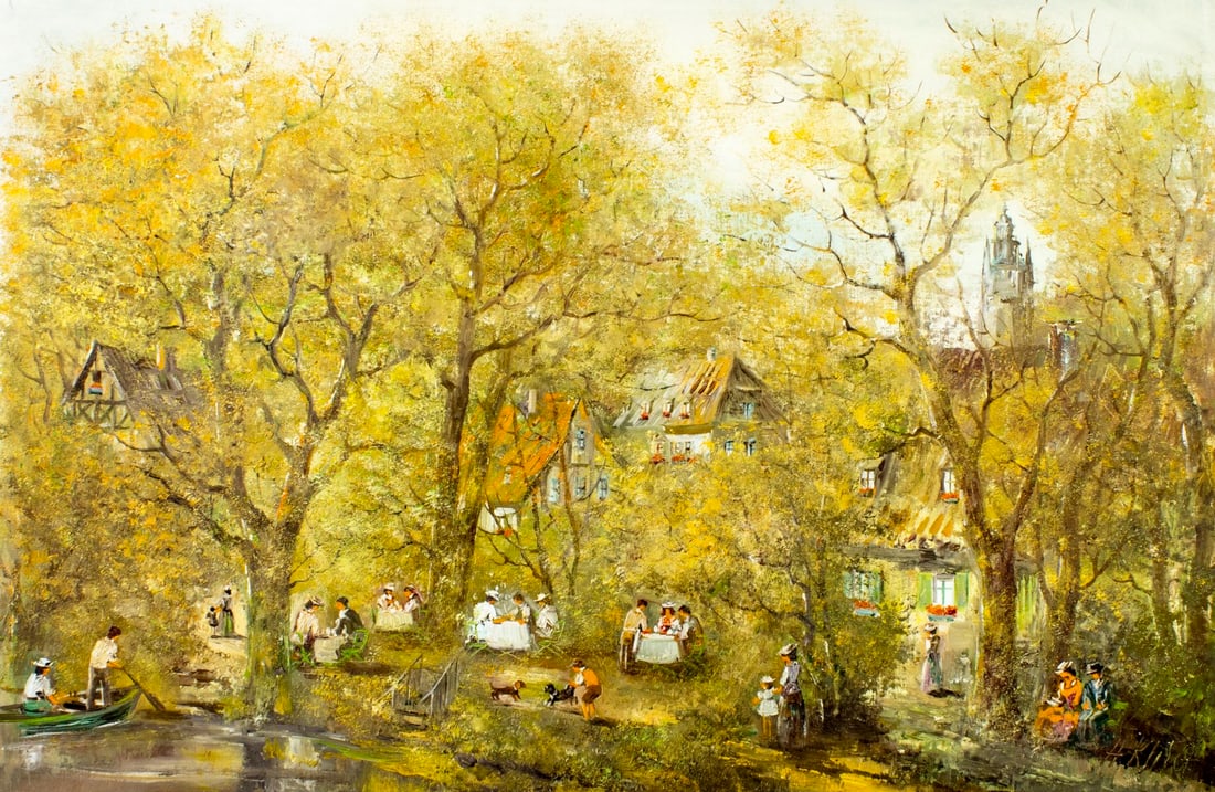 H King (Europe,20C) oil painting: ARTIST: H King (European, 20 century) TITLE: Village Scene MEDIUM: oil on canvas CONDITION: Unstretched (In-House stretching available). Some craquelure. No visible inpaint