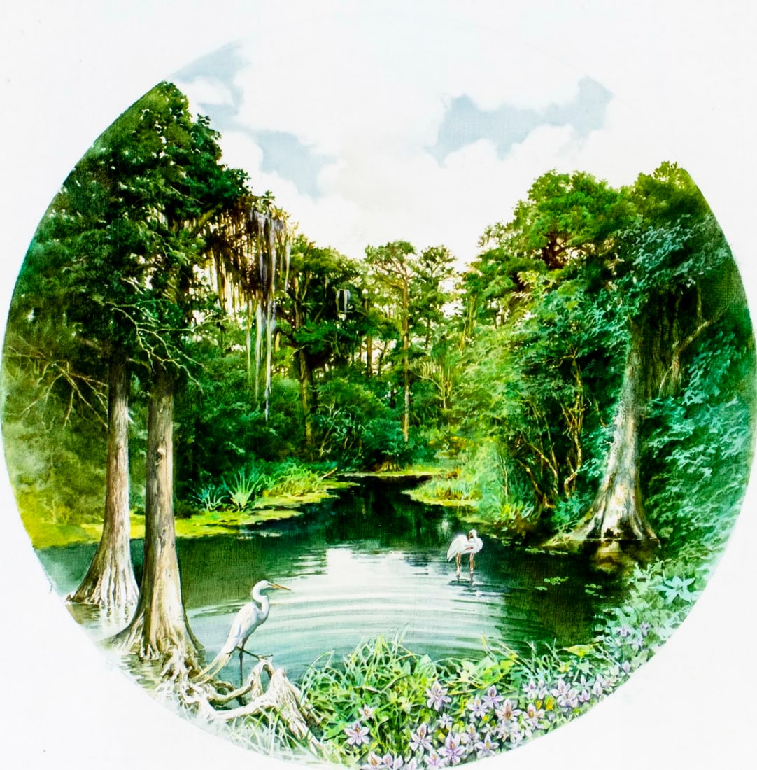 Joseph Cellini (US,Hungary,1924-1988) oil painting: ARTIST: Joseph Cellini (American, Hungarian, 1924 - 1988) TITLE: Illustration - Forest River Landscape MEDIUM: oil on board CONDITION: Some scratches to board outside of t