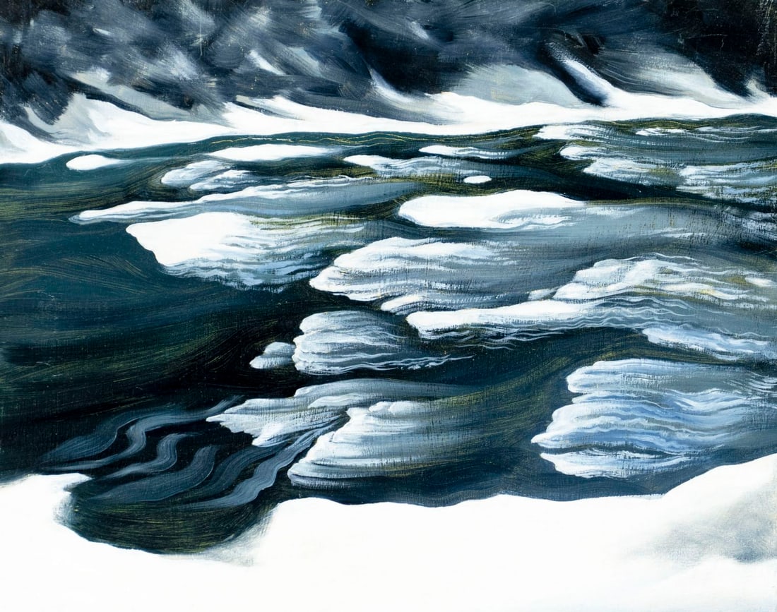 Erica Child Prudhomme (US,20/21C) oil painting: ARTIST: Erica Child Prudhomme (American, 20/21 centuries) TITLE: Ice on the River (titled on stretcher) YEAR: 2003 MEDIUM: oil on board CONDITION: Overal