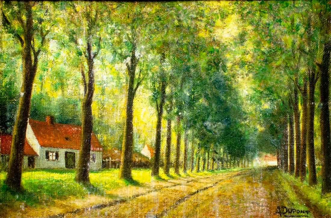 A Dupont (Europe,mid 20C) oil painting: ARTIST: A Dupont (European, mid 20 century) TITLE: Country Road Landscape MEDIUM: oil on canvas. Canvas applied to board. CONDITION: Few small paint losses. Some craquelure.