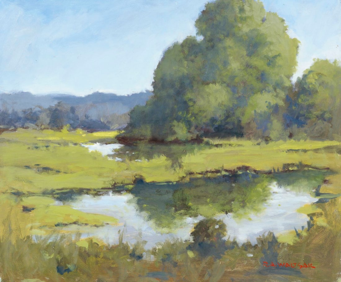 Robert Waltsak (NJ,b 1944) oil painting: ARTIST: Robert Alan Waltsak (New Jersey, born 1944) TITLE: Pond Landscape MEDIUM: oil on board CONDITION: Minor damages to corners. Few minor scratches/paint losses.