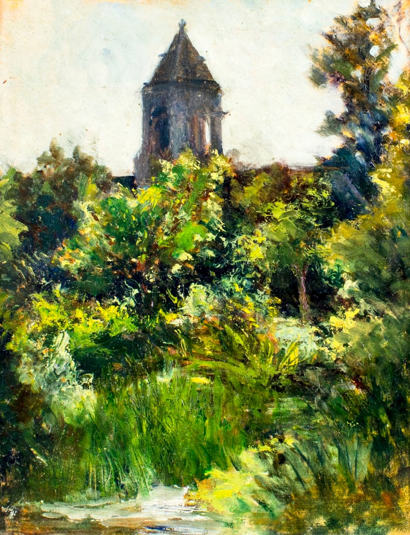 Vintage mid 20C French oil painting: ARTIST: - (France, mid 20 century) TITLE: Landscape MEDIUM: oil on board CONDITION: Very good. No visible inpaint under UV light. ART SIZE: 11 x 9 inc