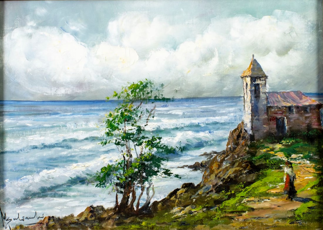 Vintage 20C European oil painting signed: ARTIST: - (Europe, 20 century) TITLE: Coastal Landscape MEDIUM: oil on canvas CONDITION: Some craquelure. No visible inpaint under UV light. Wear to frame. ART