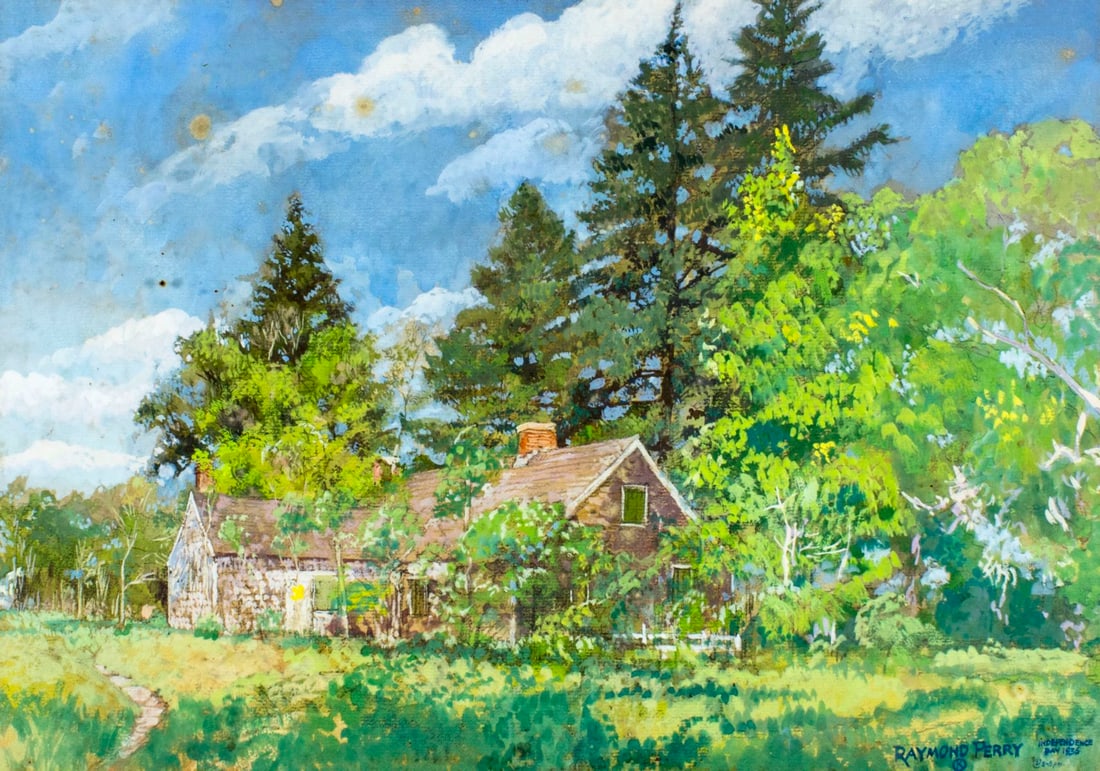 Raymond Perry (NY,IL,1876-1960) gouache painting: ARTIST: Raymond K Perry (New York, Illinois, 1876 - 1960) NAME: Landscape with Cottage YEAR: 1936 MEDIUM: gouache on paper CONDITION: Heavy foxing on sky area. Framed und