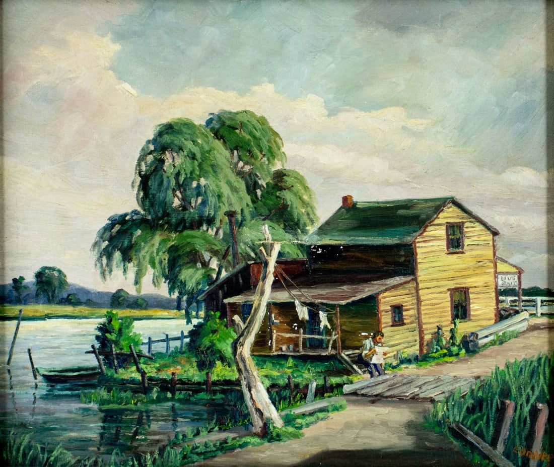 Edmund Vrey (NJ,20C) oil painting: ARTIST: Edmund Vrey (New Jersey, 20 century) TITLE: Toll House in Little Ferry, New Jersey (titled on stretcher) MEDIUM: oil on canvas CONDITION: Few patches. Some small scr