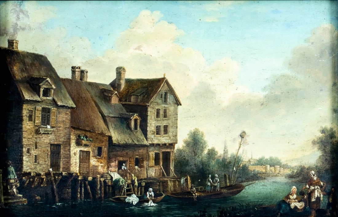 Antique early 20C European oil painting: ARTIST: - (Europe, early 20 century) TITLE: River Town Scene MEDIUM: oil on board CONDITION: Some scratches/paint losses mostly along edges. Some scattered inpaintings. Mi