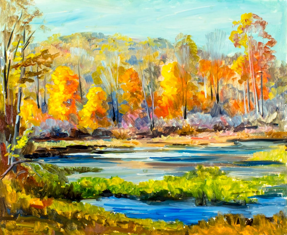 George Holloway (NJ,20C) oil painting: ARTIST: George Holloway (New Jersey, 20 century) TITLE: Autumn Landscape MEDIUM: oil on board CONDITION: Few minor paint losses. No visible inpaint under UV light.