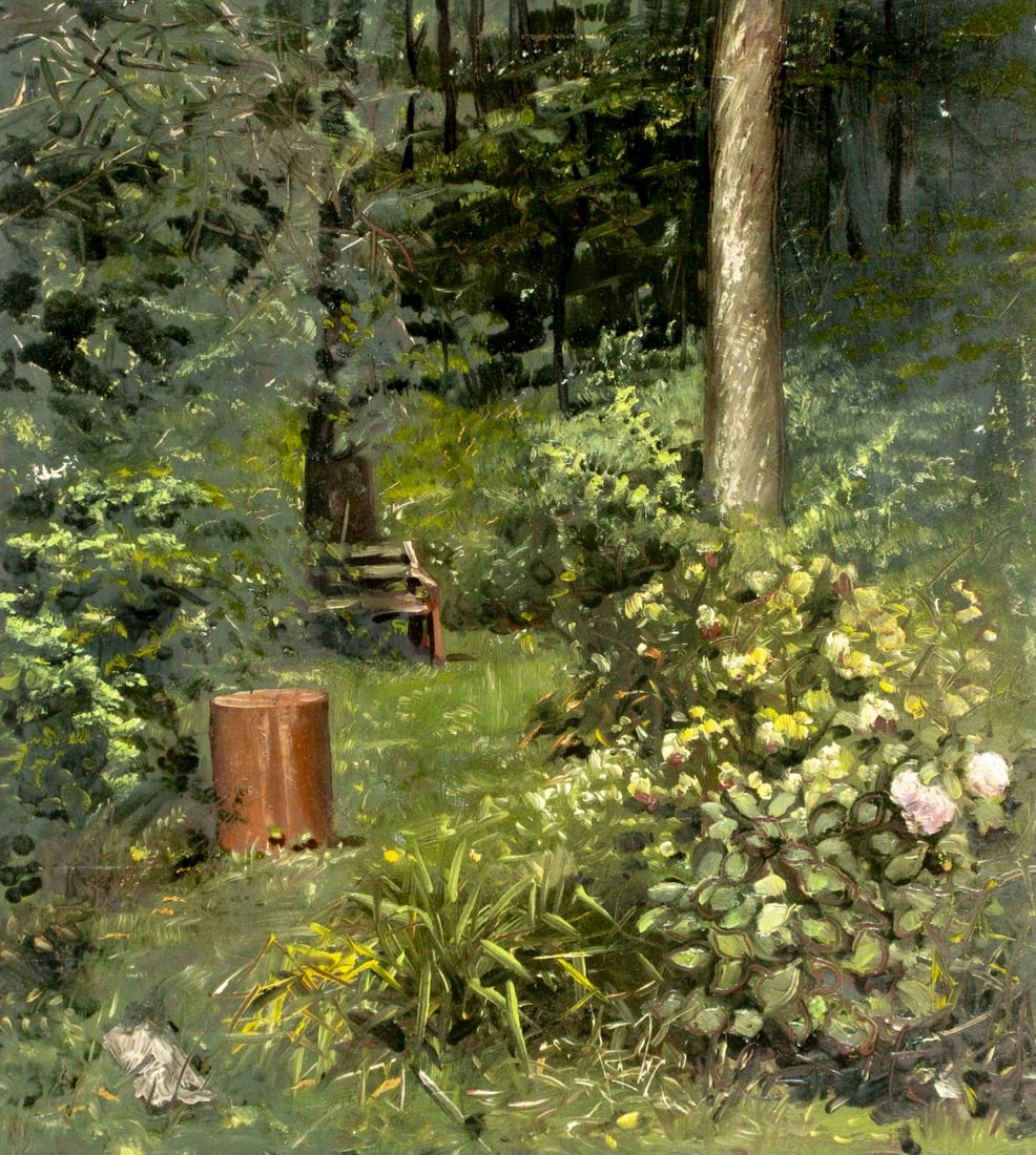 Eduard Gennady Gavrilov (NY,Russia,1932-2000) oil painting: ARTIST: Eduard Gennady Gavrilov (New York, Russian, 1932 - 2000) TITLE: Forest Landscape MEDIUM: oil on canvas CONDITION: Some paint losses mostly along the upper edge. N