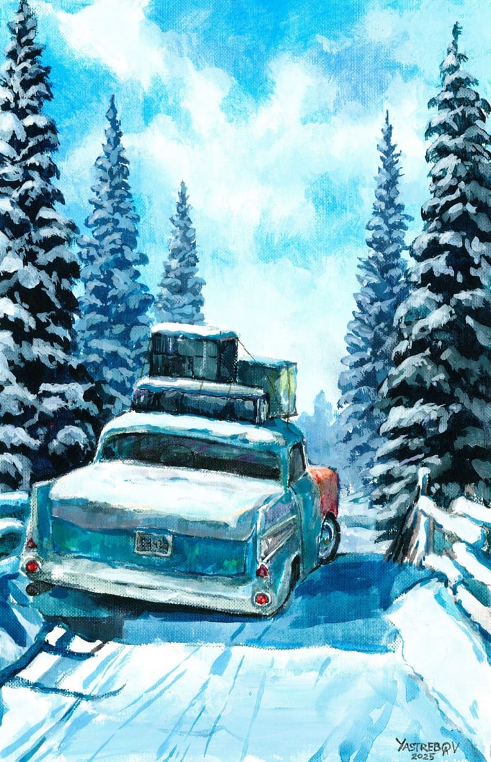 Aleksandr Yastrebov (Ukraine,b 1989) oil painting: ARTIST: Aleksandr Yastrebov (Ukrainian, born 1989) TITLE: Winter Landscape with Car MEDIUM: oil on heavy paper CONDITION: Very good. No visible inpaint under UV light.