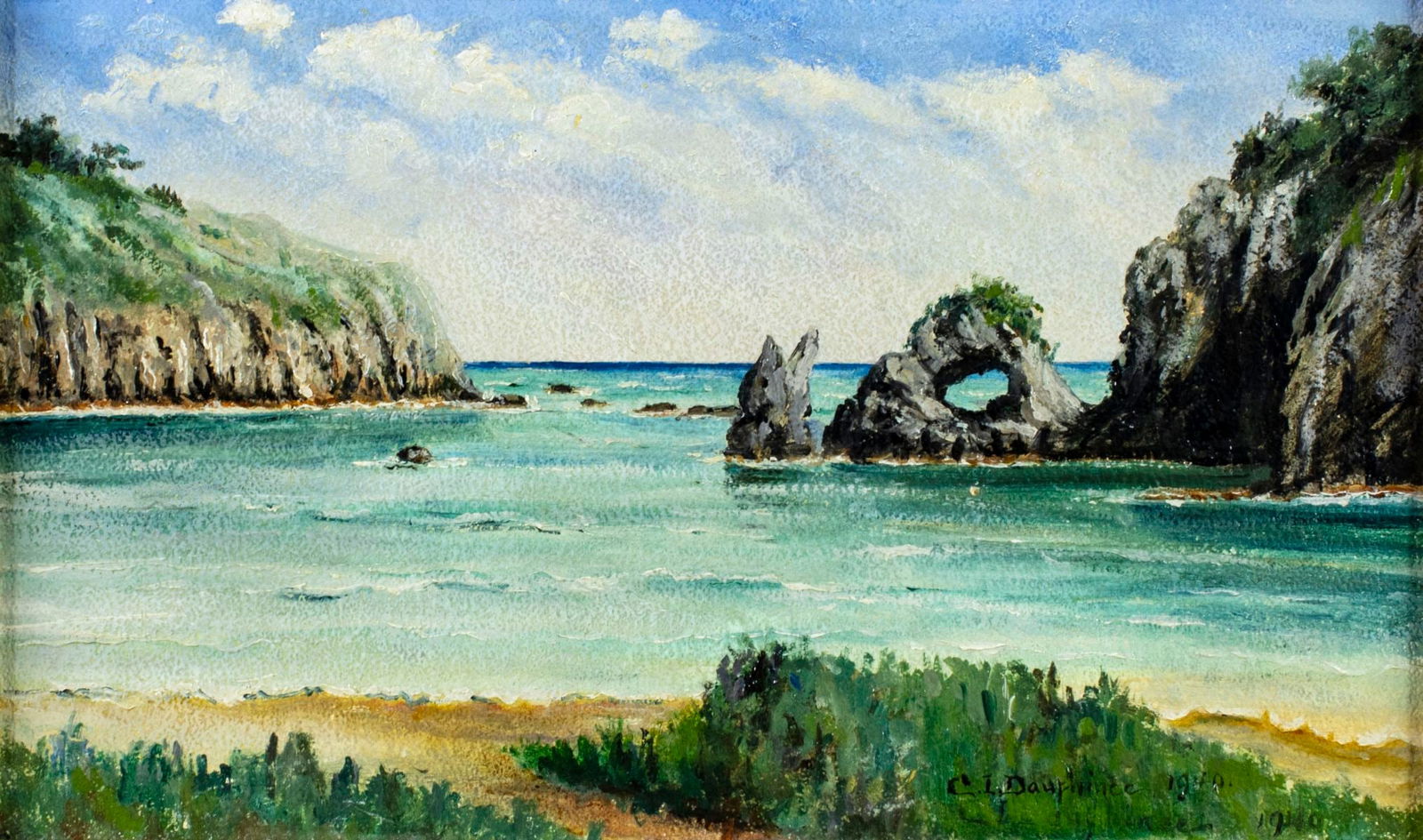 C Dauphinee (US,mid 20C) oil painting: ARTIST: C Dauphinee (American, mid 20 century) TITLE: Coastal Landscape YEAR: 1940 MEDIUM: oil on board CONDITION: Missing a few flakes of paint. Wear to