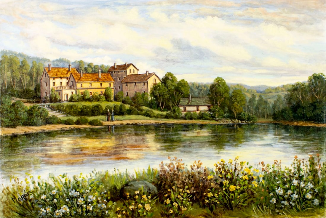 Marais (Europe,20C) oil painting: ARTIST: Marais (European, 20 century) TITLE: River Landscape with Mansions MEDIUM: oil on canvas CONDITION: Unstretched (In-House stretching available). Minor paint losses.