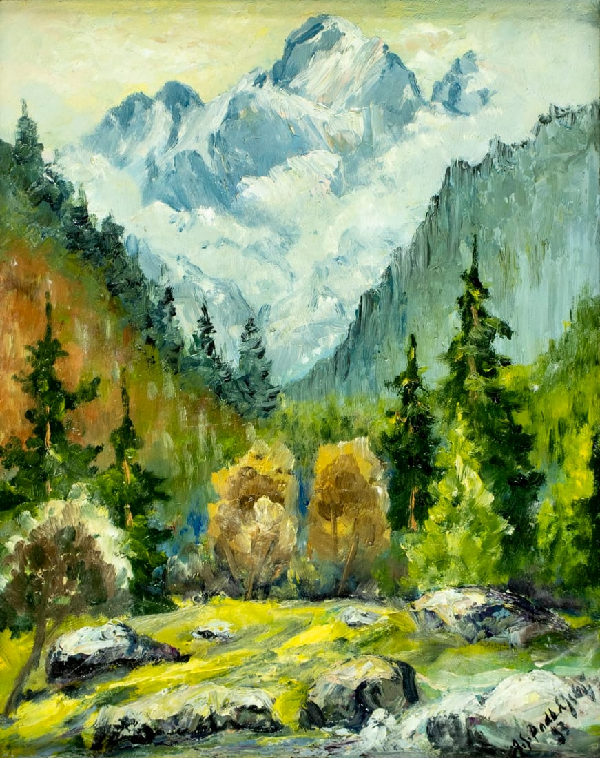 Albin Sobota Podhajsky (NY,Slovakia,20C) oil painting: ARTIST: Albin Sobota Podhajsky (New York, Slovak, 20 century) TITLE: Mountain Landscape MEDIUM: oil on canvas CONDITION: Few very minor paint losses. No visible inpaint und