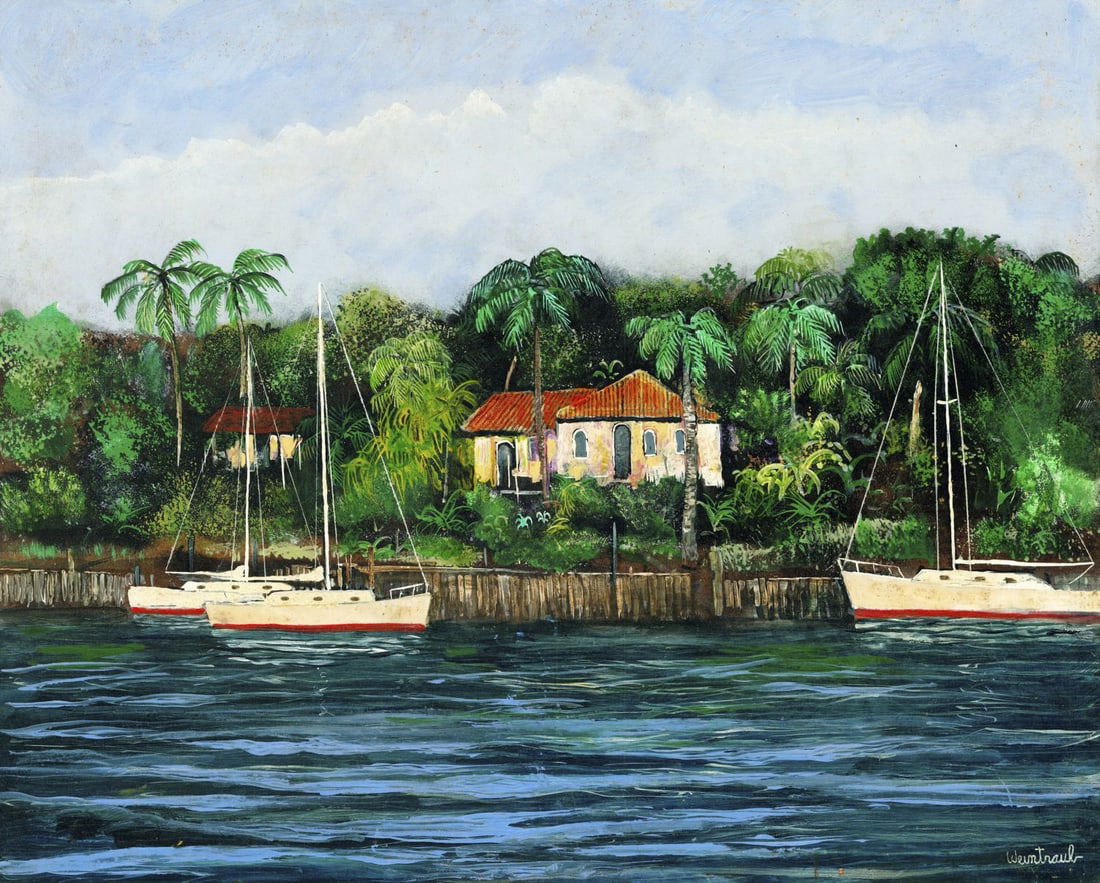 Herbert Weintraub (NY,FL,1934-2019) oil painting: ARTIST: Herbert Weintraub (New York, Florida, 1934 - 2019) TITLE: Coastal Landscape with Mansion and Boats MEDIUM: oil on board CONDITION: Minor damages to corners. Some s
