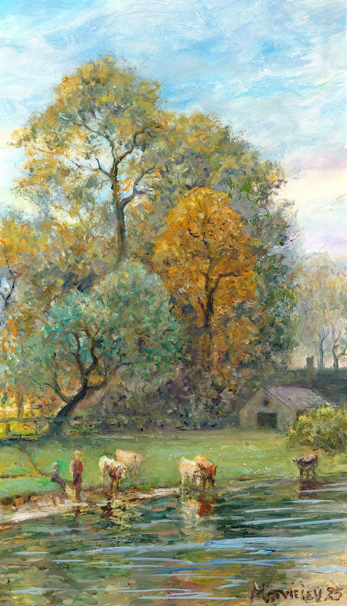 Andriy Matveiev (Ukraine,b 1988) oil painting: ARTIST: Andriy Matveiev (Ukrainian, born 1988) TITLE: Country River Landscape with Cows MEDIUM: oil on heavy paper CONDITION: Very good. No visible inpaint under UV light.