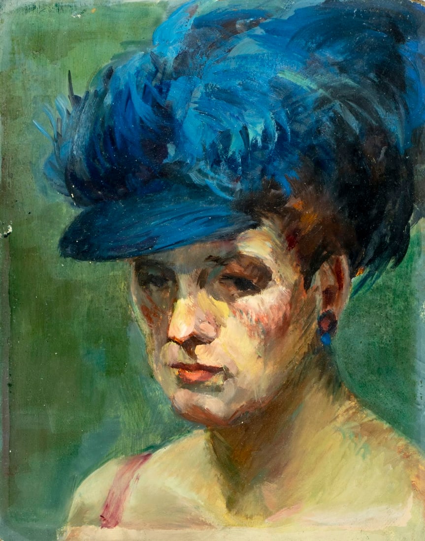 Roy Moskowitz (US,mid 20C) oil painting: ARTIST: Roy Moskowitz (American, mid 20 century) TITLE: Portrait of Woman in Blue Feathered Hat MEDIUM: oil on board CONDITION: Some damages to corners. Few small paint loss