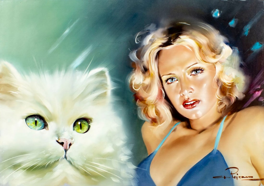 Gastone Peirano (Italy,20C) oil painting: ARTIST: Gastone Peirano (Italian, 20 century) TITLE: Woman and Cat MEDIUM: oil on canvas CONDITION: Unstretched (In-House stretching available). Few minor paint losses. No v