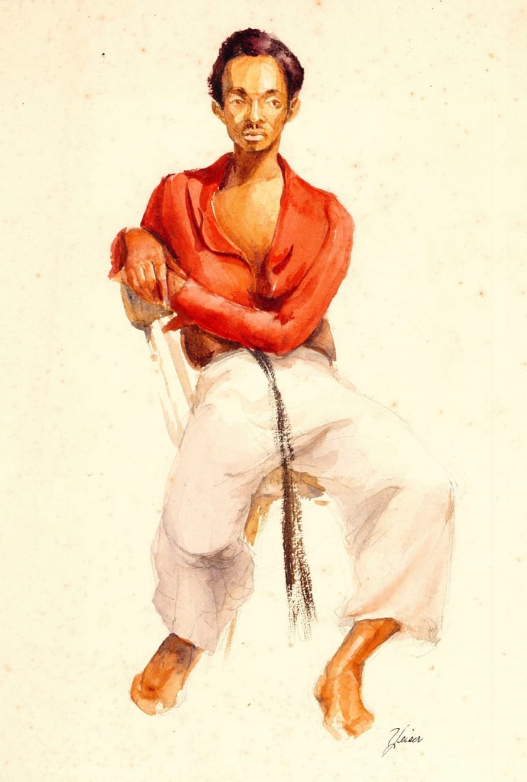 Charles Yeiser (NY,1925-2005) watercolor painting: ARTIST: Charles Yeiser (New York, 1925 - 2005) TITLE: Portrait of Seated Man MEDIUM: watercolor on board CONDITION: Some foxing. Some age toning. ART SIZE: