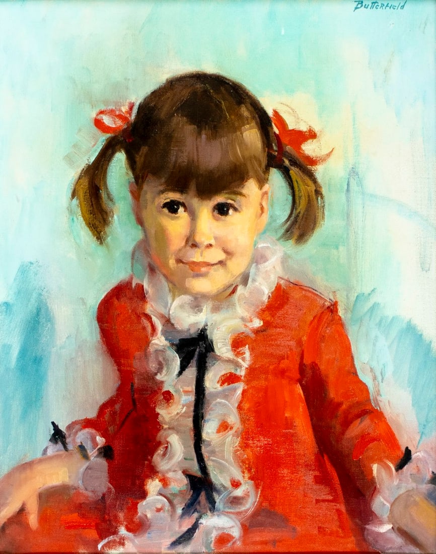 Butterfield (US,20C) oil painting: ARTIST: Butterfield (American, 20 century) TITLE: Portrait of Girl MEDIUM: oil on canvas CONDITION: Minor paint losses by the upper right corner. No visible inpaint under U