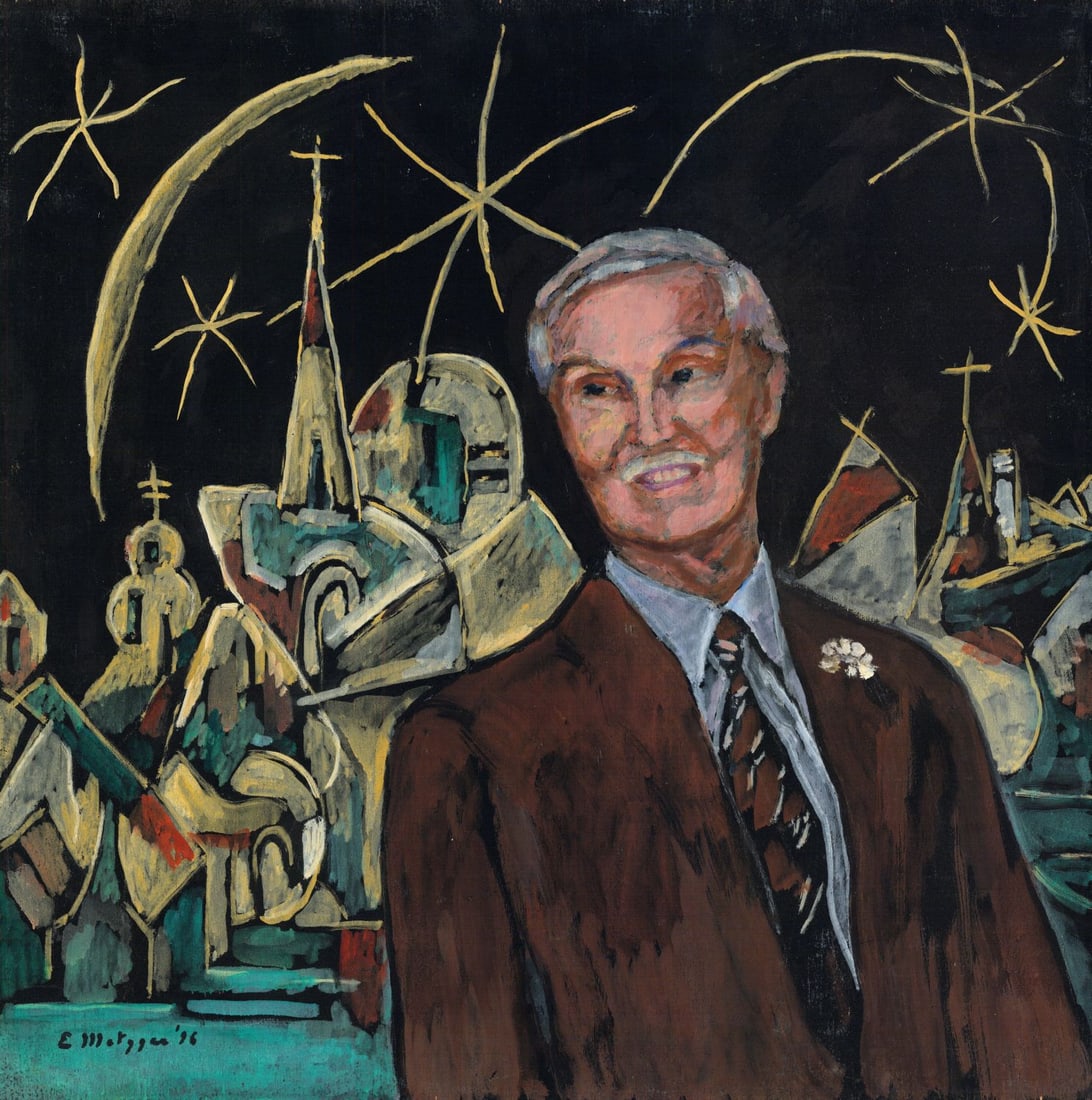 Evelyn Metzger (NY,Brazil,1911-2007) oil painting: ARTIST: Evelyn Borchard Metzger (New York, Brazilian, 1911 - 2007) TITLE: Portrait of Man YEAR: 1996 MEDIUM: oil on board CONDITION: Minor damages to e