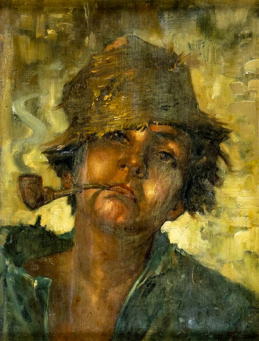 Raffaele Frigerio (Italy,1875-1948) oil painting antique: ARTIST: Raffaele Frigerio (Italian, 1875 - 1948) TITLE: Portrait of Boy with Pipe MEDIUM: oil on canvas CONDITION: Few small faint scratches. No visible inpaint under UV l