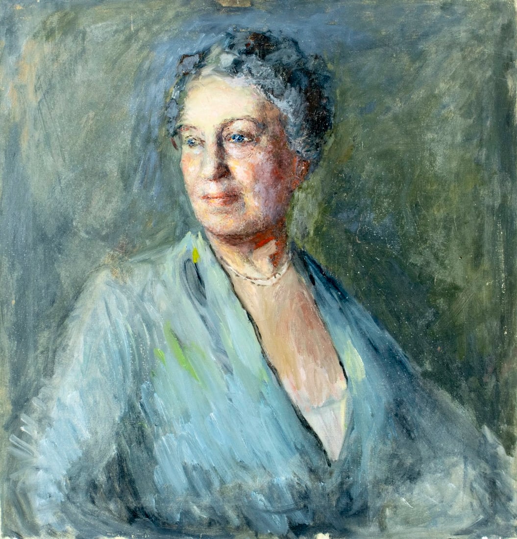 Helen DuMond (NY,CA,OR,1872-1968) oil painting: ARTIST: Helen Savier DuMond (New York, California, Oregon, 1872 - 1968) TITLE: Portrait of Woman MEDIUM: oil on canvas CONDITION: Some scratches mostly along the right edg