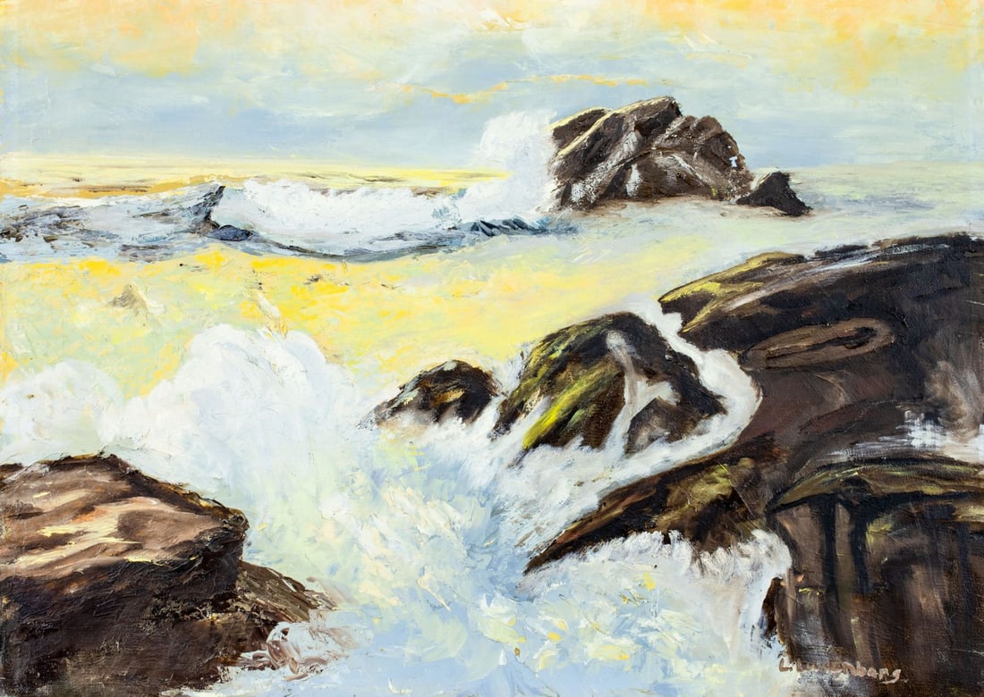 L Luxenborg (US,20C) oil painting: ARTIST: L Luxenborg (American, 20 century) TITLE: Sunset Seascape MEDIUM: oil on canvas CONDITION: Missing a few flakes of paint. No visible inpaint under UV light.