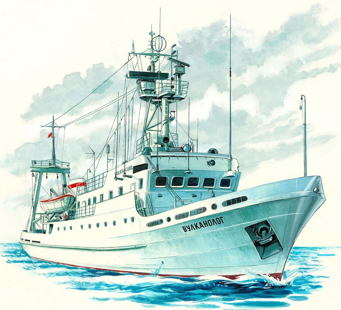 Anatoly Aksamit (Russia,1923-?) gouache painting: ARTIST: Anatoly Martynovich Aksamit (Russian, 1923 - ???) TITLE: Sail Ship - Vulkanolog YEAR: 1979 MEDIUM: gouache on paper. Paper applied to board. CONDITION:<