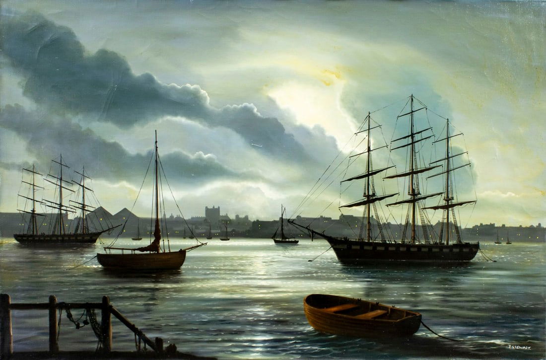 J Stewart (UK,20C) oil painting: ARTIST: J Stewart (United Kingdom, 20 century) TITLE: River Cityscape with Ships MEDIUM: oil on canvas CONDITION: Unstretched (In-House stretching available). Few small scra