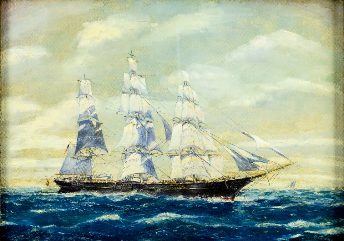 James E McDonald (RI,mid 20C) oil painting antique: ARTIST: James E McDonald (Rhode Island, mid 20 century) TITLE: Yankee Clipper Ship (titled on verso) YEAR: 1945 MEDIUM: oil on canvas board CONDITION: Ov