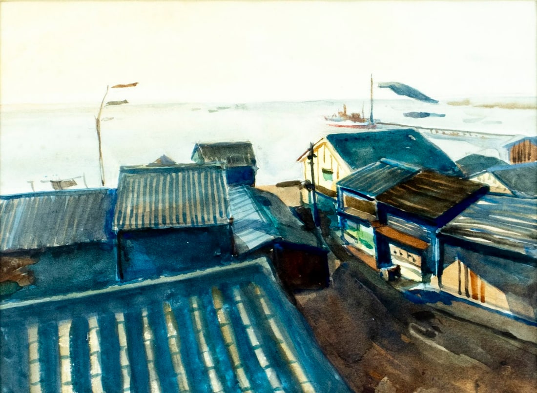 Vintage mid 20C Japanese watercolor painting: ARTIST: - (Japan, mid 20 century) TITLE: Japanese Coastal Town MEDIUM: watercolor on paper CONDITION: Minor age toning. Framed under glass. Minor damages to frame.