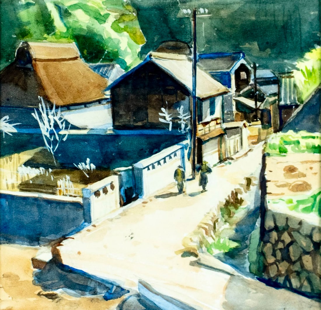 Vintage mid 20C Japanese watercolor painting: ARTIST: - (Japan, mid 20 century) TITLE: Japanese Town Scene MEDIUM: watercolor on paper CONDITION: Very good. Framed under glass. Wear to frame. ART SIZE:
