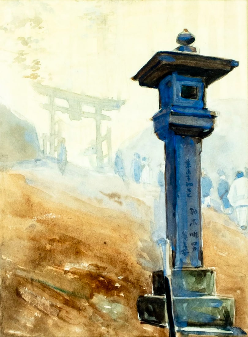Vintage mid 20C Japanese watercolor painting: ARTIST: - (Japan, mid 20 century) TITLE: Japanese Stone Lantern MEDIUM: watercolor on paper CONDITION: Some age toning. Framed under glass. Wear to frame. ART S
