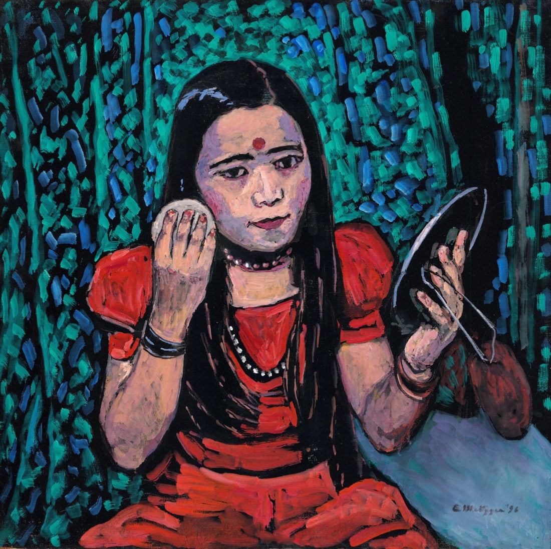 Evelyn Metzger (NY,Brazil,1911-2007) oil painting: ARTIST: Evelyn Borchard Metzger (New York, Brazilian, 1911 - 2007) TITLE: Woman Primping in Bombay, India (titled on verso) YEAR: 1996 MEDIUM: oil on board COND