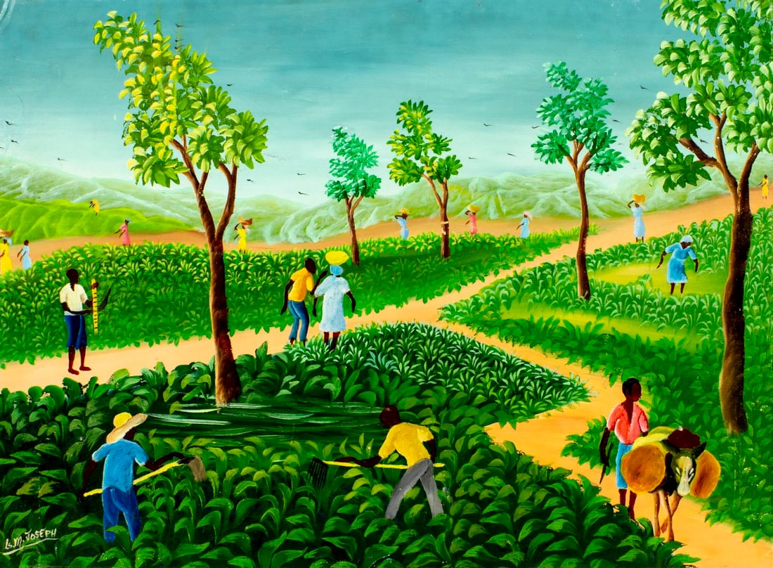 Louis M Joseph (Haiti,20C) oil painting: ARTIST: Louis M Joseph (Haitian, 20 century) TITLE: Haitian Landscape with Farmers MEDIUM: oil on board CONDITION: Some damages to corners. Some small paint losses. Minor cr
