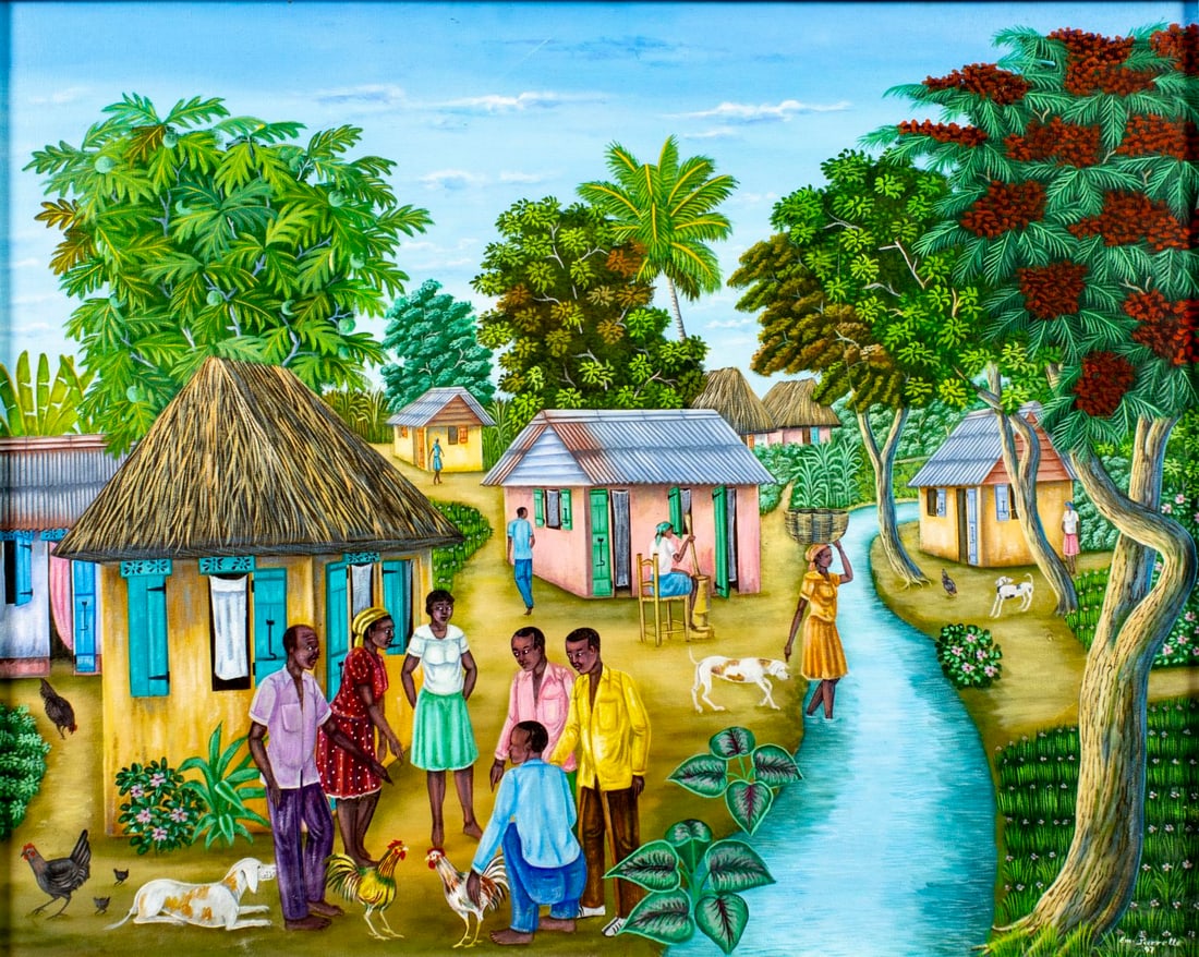 Emmanuel Pierrette (Haiti,b 1960) oil painting: ARTIST: Emmanuel Pierrette (Haitian, born 1960) TITLE: Haitian Cockfighting Scene YEAR: 1997 MEDIUM: oil on canvas CONDITION: Few minor scratches/paint l