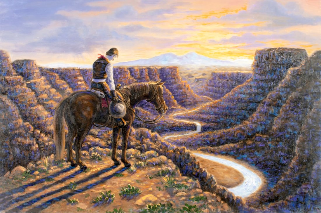 Glen Fortune Banse (NJ,1948-2018) oil painting: ARTIST: Glen Fortune Banse (New Jersey, 1948 - 2018) TITLE: End of the Trail (titled on verso) YEAR: 2011 MEDIUM: oil on canvas CONDITION: Few minor sc