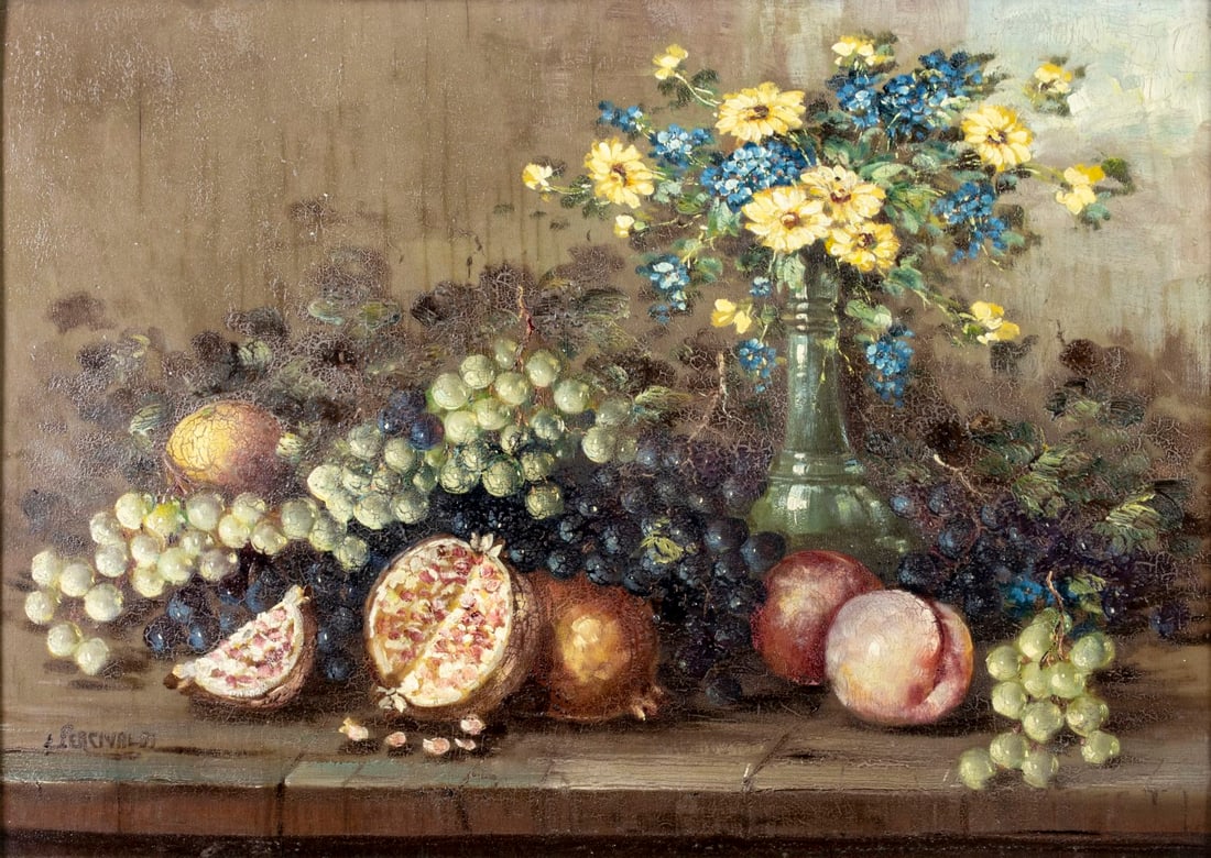 Ettore Percivaldi (Italy,mid 20C) oil painting: ARTIST: Ettore Percivaldi (Italian, mid 20 century) TITLE: Still Life with Fruit and Vase of Flowers MEDIUM: oil on board CONDITION: Some vertical surface cracks. Minor pain