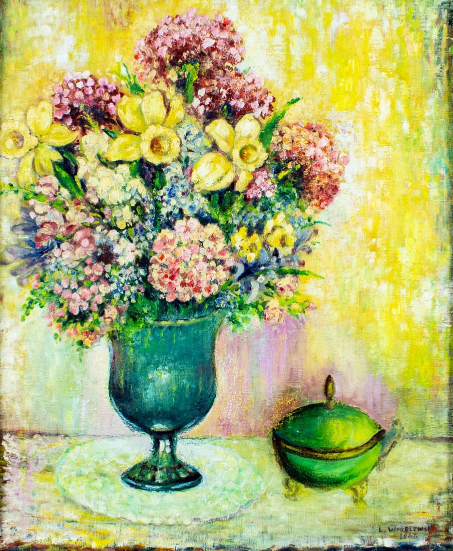 Lewis Wroblewski (NY,mid 20C) oil painting: ARTIST: Lewis Wroblewski (New York, mid 20 century) TITLE: Still Life with Vase of Flowers YEAR: 1967 MEDIUM: oil on canvas CONDITION: Very good. No visi