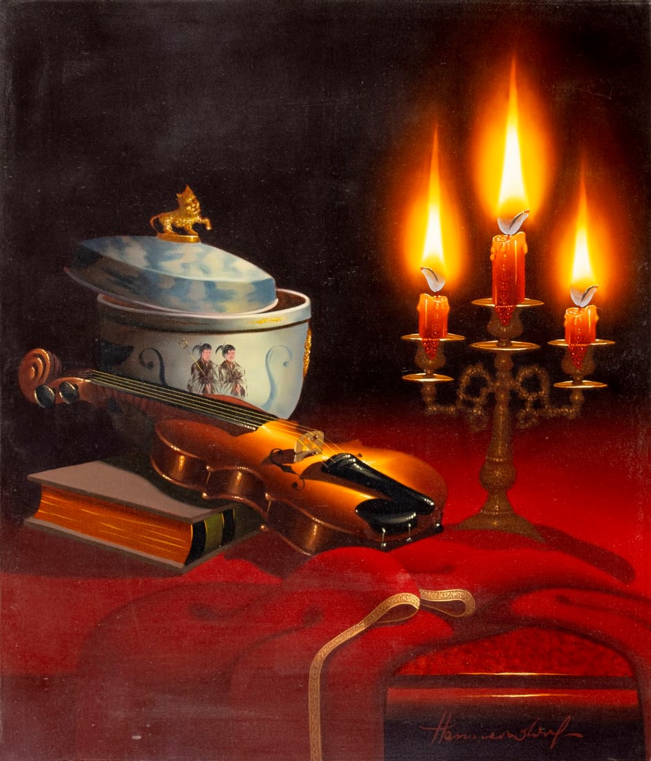 Alois M Hennersdorf (German,1927-?) oil painting: ARTIST: Alois M Hennersdorf (Germany, 1927 - ???) TITLE: Still Life with Violin and Candles MEDIUM: oil on canvas CONDITION: Few small faint scratches. No visible inpaint