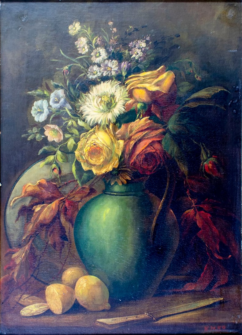 N Meo (NY,mid 20C) oil painting: ARTIST: N Meo (New York, mid 20 century) TITLE: Still Life with Vase of Flowers MEDIUM: oil on canvas. Canvas applied to board. CONDITION: Few minor paint losses. Some craqu