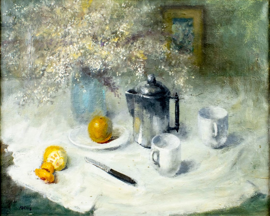 Koenig (US,mid 20C) oil painting: ARTIST: Koenig (American, mid 20 century) TITLE: Still Life with Cups and Oranges MEDIUM: oil on canvas CONDITION: Missing a few flakes of paint. No visible inpaint under UV