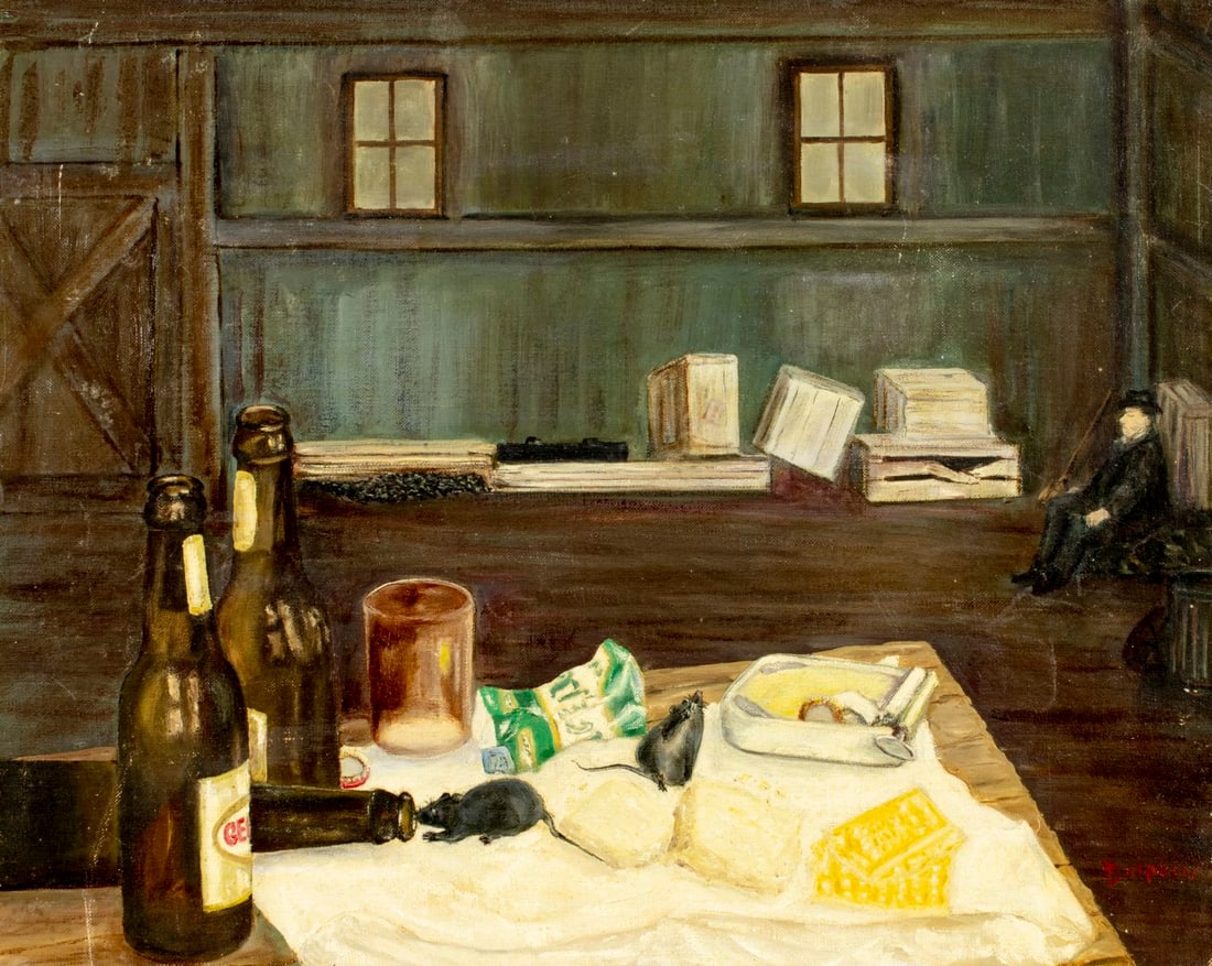 Dolphin (US,mid 20C) oil painting: ARTIST: Dolphin (American, mid 20 century) TITLE: Still Life MEDIUM: oil on canvas board CONDITION: Some damages to right corners. Small scratches/paint losses. No visible i