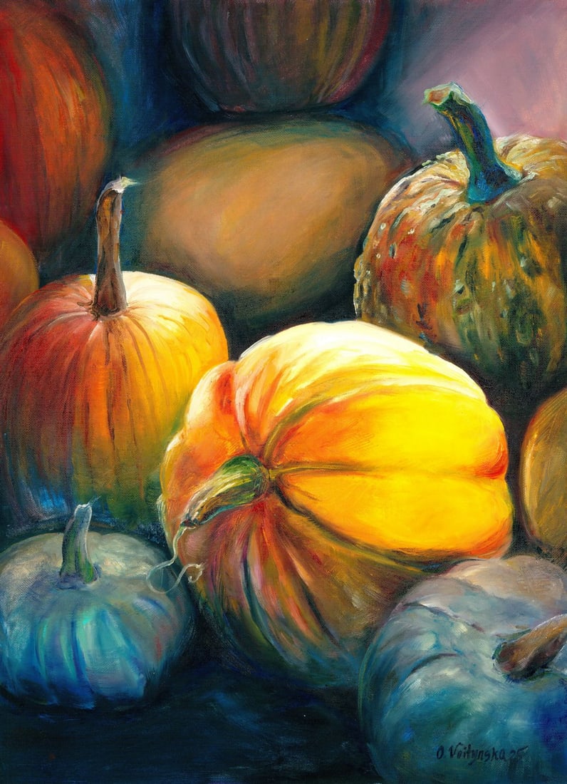 Oksana Voytynska (Ukraine,20/21C) oil painting: ARTIST: Oksana Voytynska (Ukrainian, 20/21 centuries) TITLE: Still Life with Pumpkins MEDIUM: oil on heavy paper CONDITION: Very good. No visible inpaint under UV light.