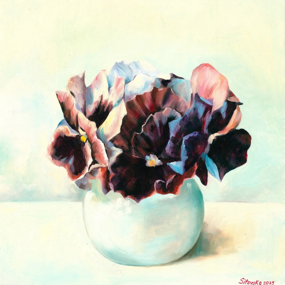 Anna Sitovska (Ukraine,20/21C) oil painting: ARTIST: Anna Sitovska (Ukrainian, 20/21 centuries) TITLE: Still Life with Vase of Flowers MEDIUM: oil on heavy paper CONDITION: Very good. No visible inpaint under UV light.