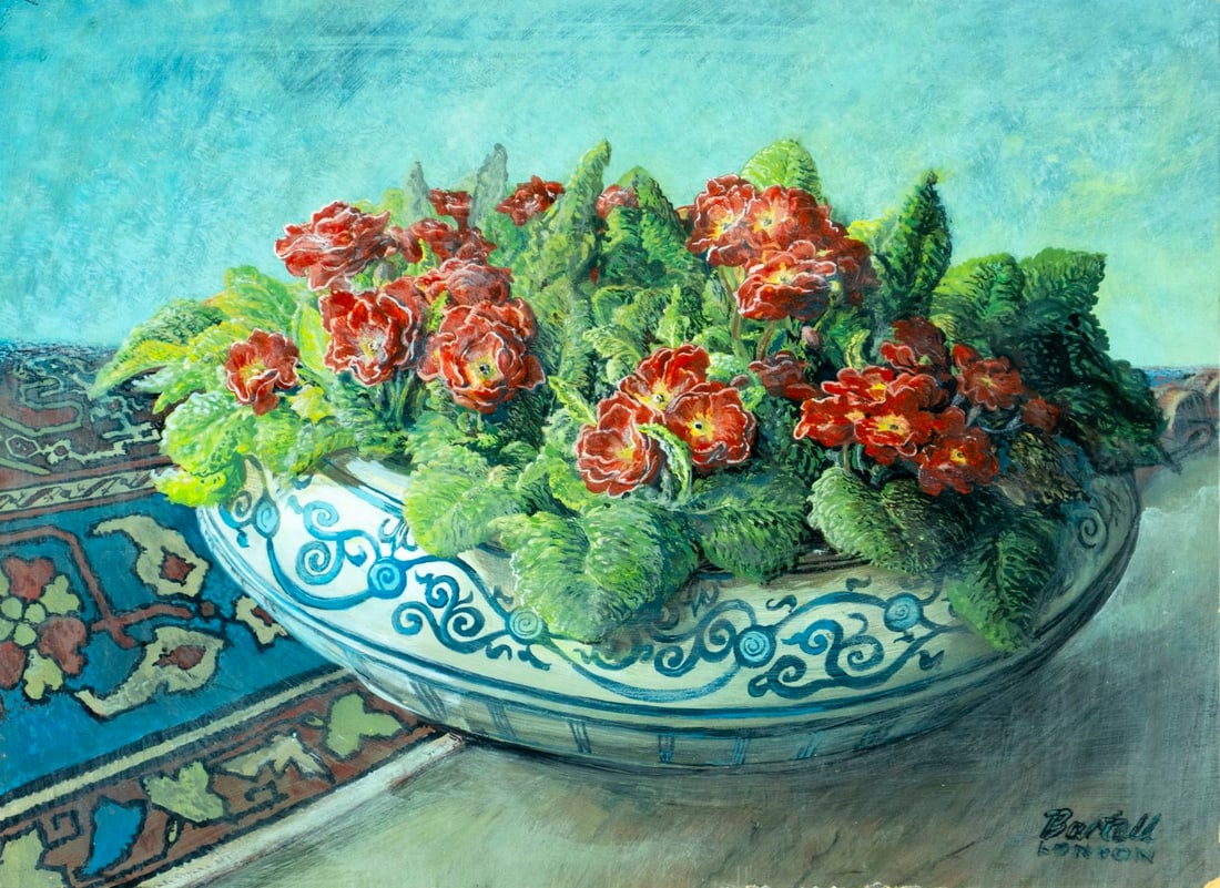 Bartell (UK,mid 20C) oil painting: ARTIST: Bartell (United Kingdom, mid 20 century) TITLE: Still Life with Flower Pot MEDIUM: oil on board CONDITION: Some damages to the right corners. No visible inpaint unde