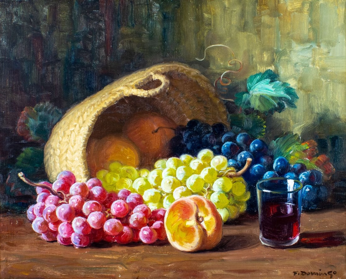 F Domingo (US,20C) oil painting: ARTIST: F Domingo (American, 20 century) TITLE: Still Life with Grapes MEDIUM: oil on canvas CONDITION: Very good. No visible inpaint under UV light. ART SIZE:</